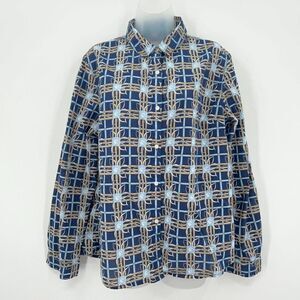J. McLaughlin Button Down Shirt Women XL Blue Tan Geometric Cotton Long Sleeve